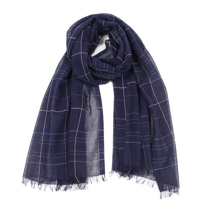 Spring And Summer Blended Yarn Cotton And Linen Plaid Lightweight Breathable Scarf