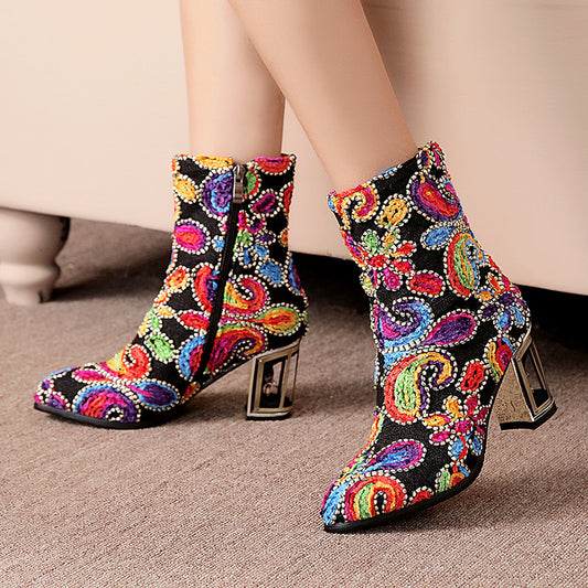 Women's Pattern Pointed Toe Metal High Heel Leather Boots