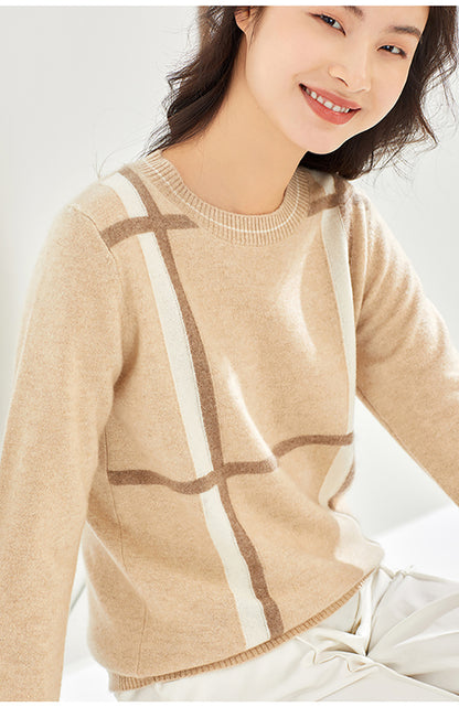 Pure Cashmere Round Neck Check Bottoming Wool Sweater Women