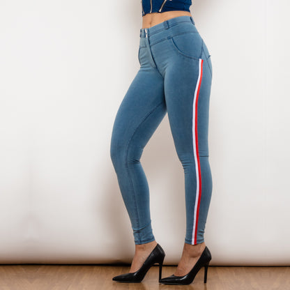 Shascullfites Melody Side Striped Middle Waist Skinny Jeans Bum Lift Leggings Woman Sexy Push Up Jeans Denim Pencil Pants
