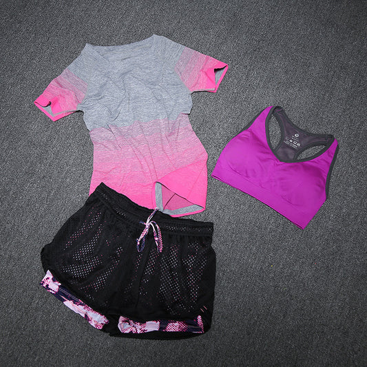 New Women Yoga Sport Suit Bra Set 3 Piece Female Short-sleeved Summer Sportswear Running Fitness Training Clothing