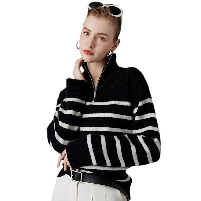 Women's Thick Black And White Striped Zipper Turtleneck Cashmere Sweater