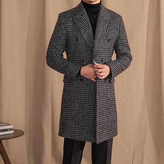 Wool Double Breasted Houndstooth Coat Mid-length Coat