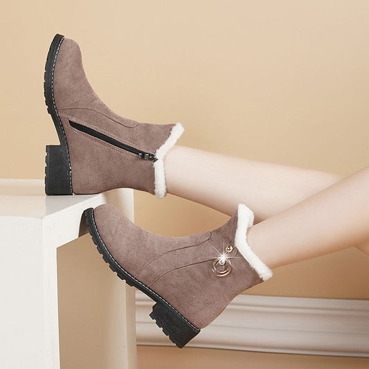 Round Head Suede Chunky Heel Side Zipper Fashion Ankle Boots
