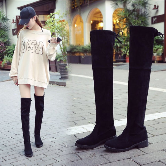 autumn and winter new small pepper thick with over the knee boots ladies black flat low heel stovepipe long boots