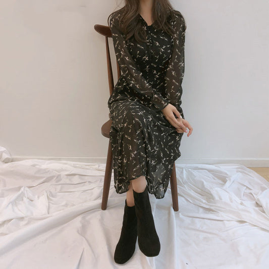 French Retro Mid-length Dress With Slim Waist And Floral Chiffon Long Sleeves