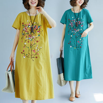 Ethnic Style Embroidered Cotton Linen Medium Length Dress