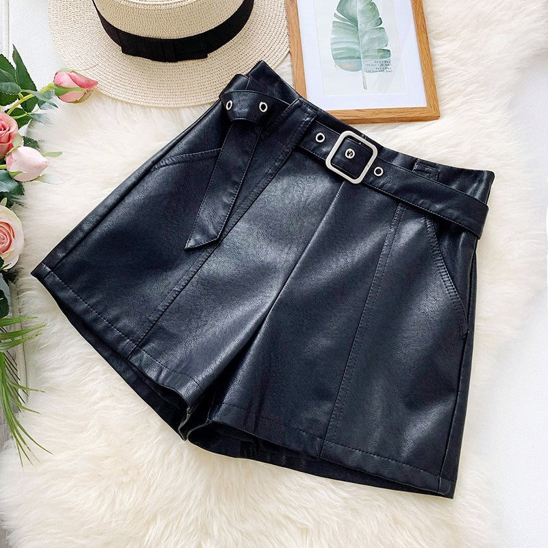 21 New Small Leather Shorts Women's Autumn And Winter High Waist New Style European Stand Boots Pants Personality Outer Wear Wild Wide Legs