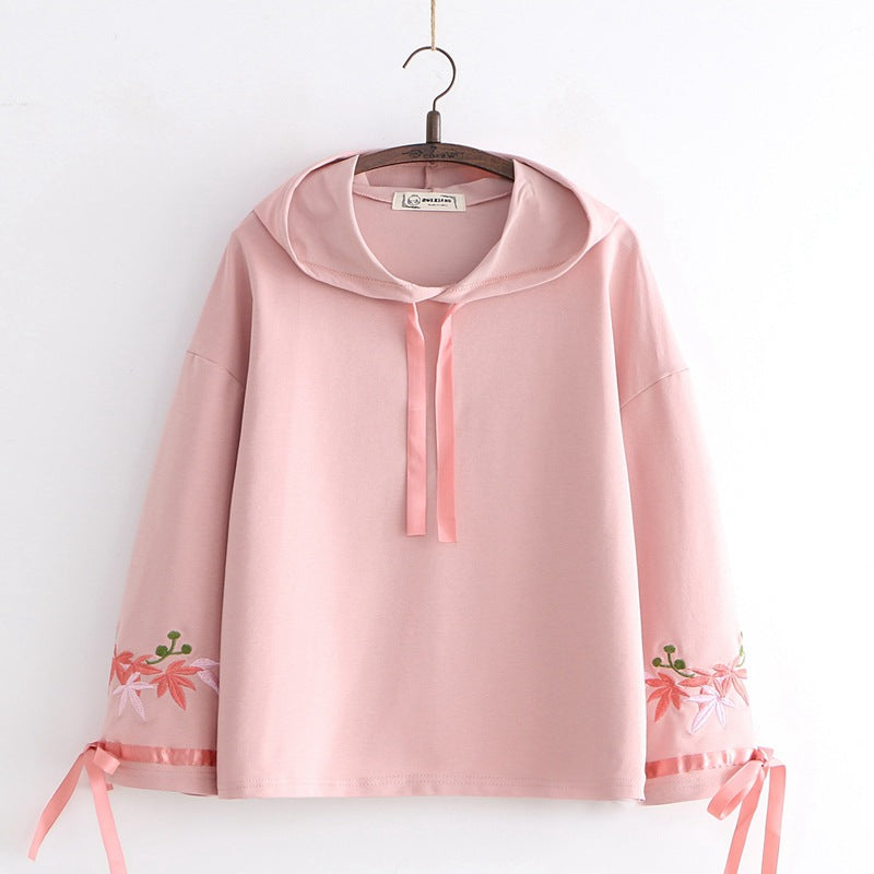 Merry Pretty Women's Floral Embroidery Hooded Tracksuits Winter Flare Sleeve Lace Up Hoodies Sweatshirts Casual Pullovers