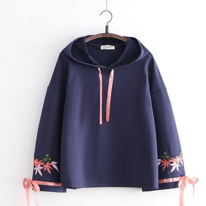 Merry Pretty Women's Floral Embroidery Hooded Tracksuits Winter Flare Sleeve Lace Up Hoodies Sweatshirts Casual Pullovers