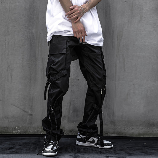 Double Webbing Pants Men's Casual Black All-Match Overalls Personality Streamer Trousers