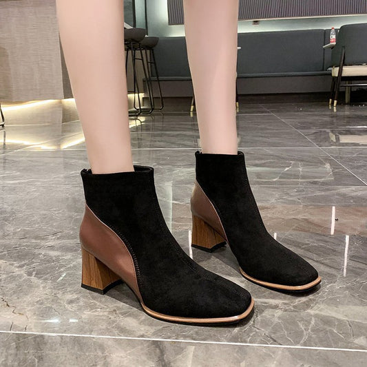 Women's Thick Heeled Short Boots Frosted And Velvet Pointed Martin Boots With High Heels