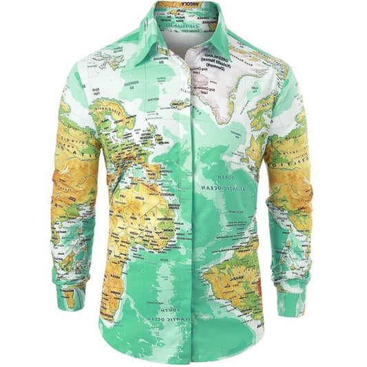 Men Shirt World Map Print HiddenG Button Slim Fit Shirts