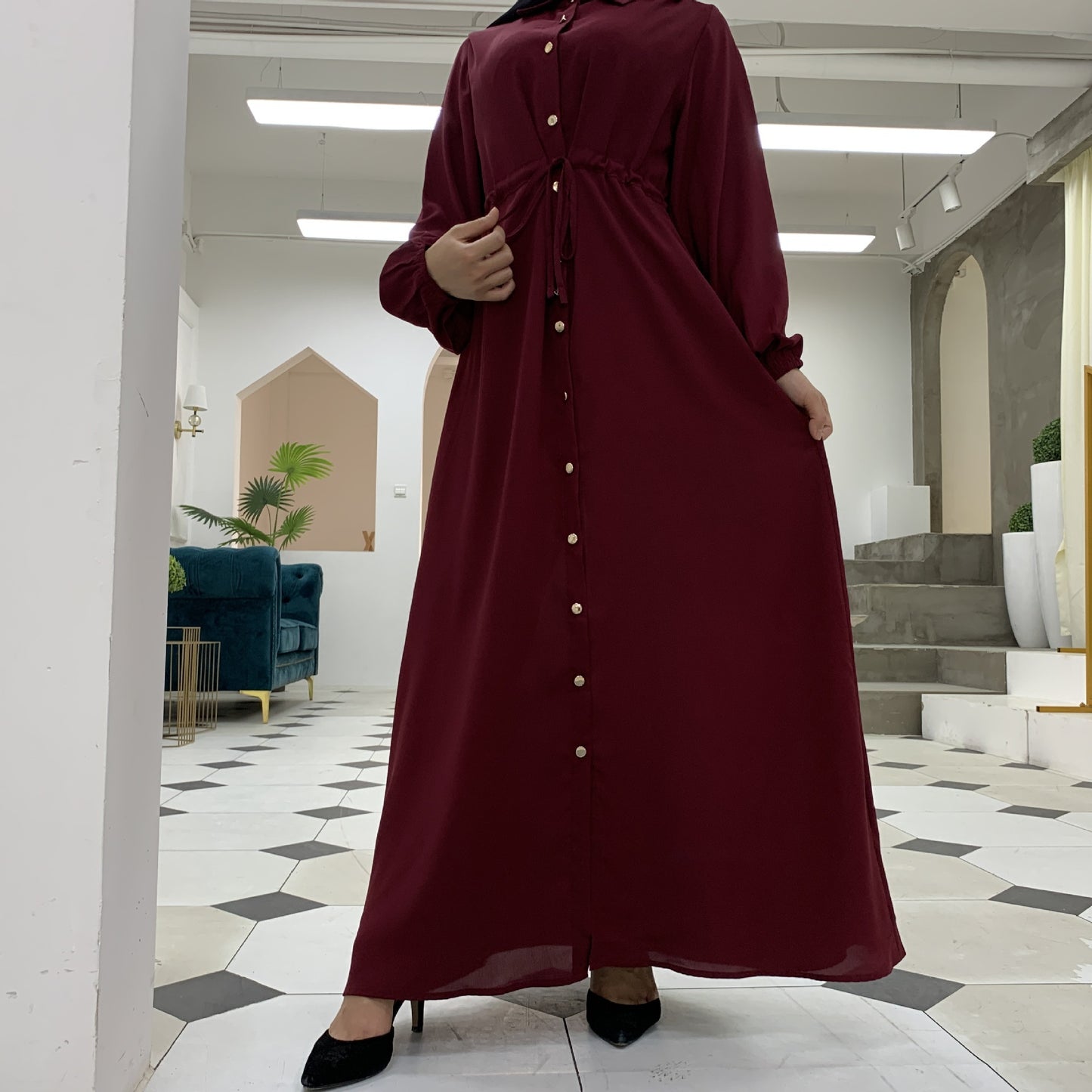Lapel Solid Color Full Button Slim Dress Llong Skirt