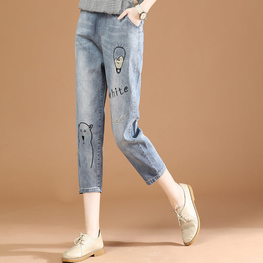 Elastic Waist Embroidery Cropped Jeans Women Summer Thin Section