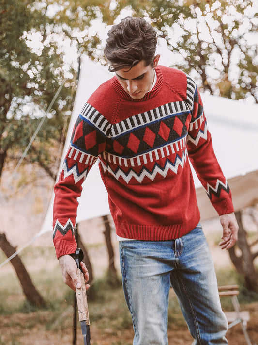 Simwood Simple Wood Men's Winter New Men's Pullover Wool Blend Raglan Sleeve Geometric Jacquard Contrast Sweater