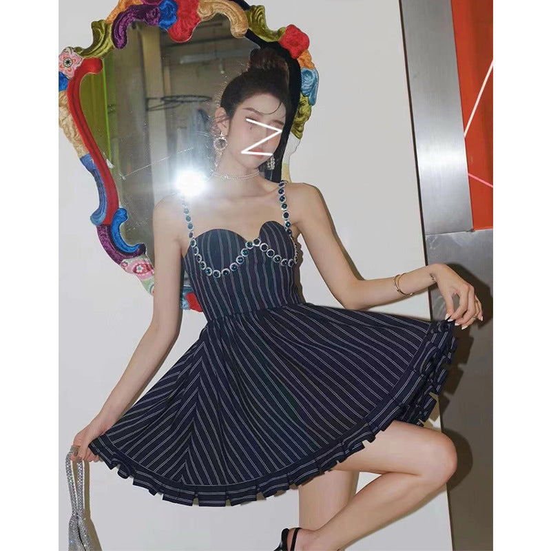 Spot Ladies Style Diamond-studded Striped Halter Strap Light Luxury Waist Ruffled A-line Skirt