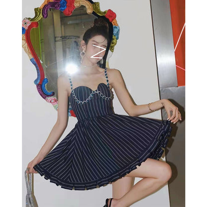 Spot Ladies Style Diamond-studded Striped Halter Strap Light Luxury Waist Ruffled A-line Skirt