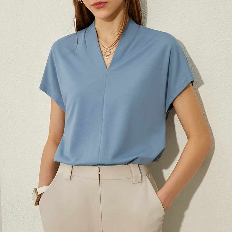 V-neck Short-sleeved T-shirt Women's Design Sense White Loose Solid Color Top