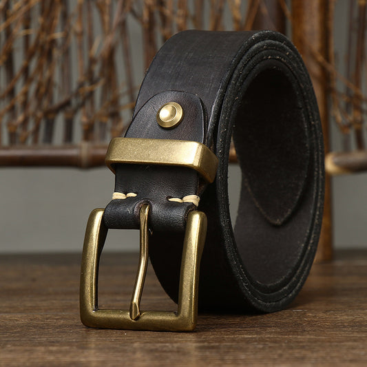 Retro Style Belt Men's Genuine Cattlehide Leather Surface Brass Buckle Denim Overalls Belt