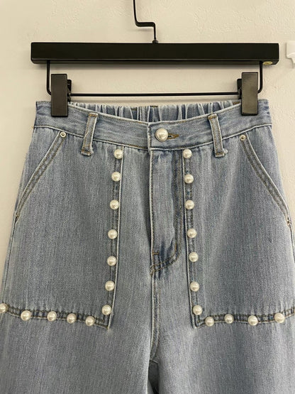 Design Pearl Pocket Elastic Waist Jeans
