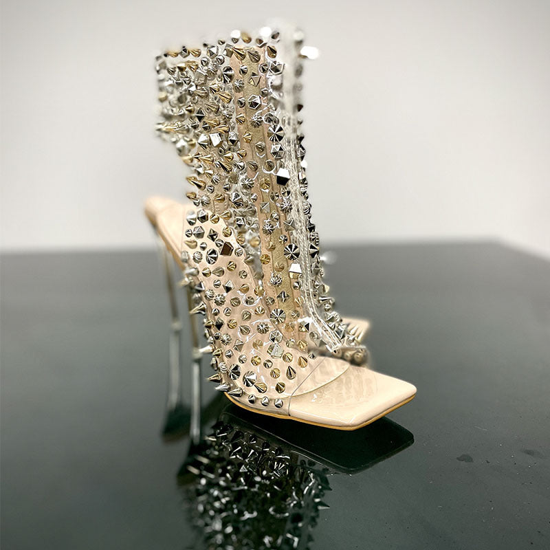 New Fashion Rivet Transparent Stiletto Heel Square Toe Zipper Sandals