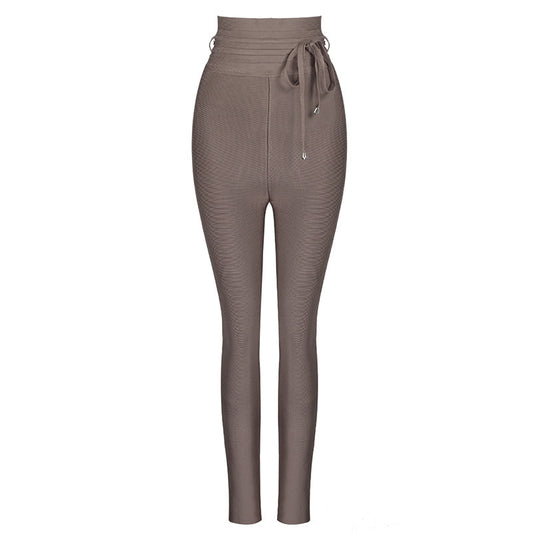 High waist bandage casual solid color thin pencil pants feet