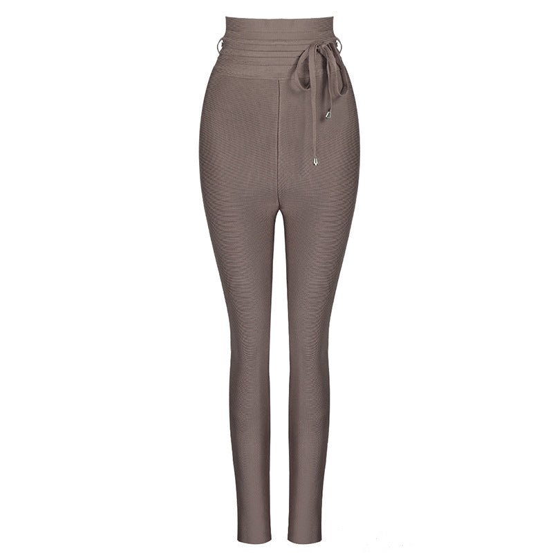 High waist bandage casual solid color thin pencil pants feet