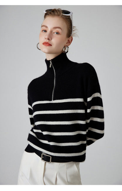 Women's Thick Black And White Striped Zipper Turtleneck Cashmere Sweater