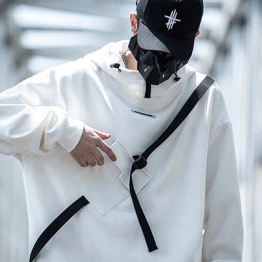 Techwear Harajuku Hoodies Men Ribbon Design Pullover