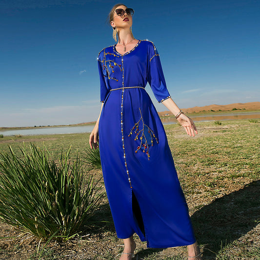 New Satin Mid-sleeve Long Dress Dubai Travel Rhinestone Plus Size Straight Long Dress Desert Clock-in Robe