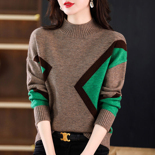 Women's Half Turtleneck Loose-fitting Versatile Sweater Color Matching Knitted Bottoming Shirt