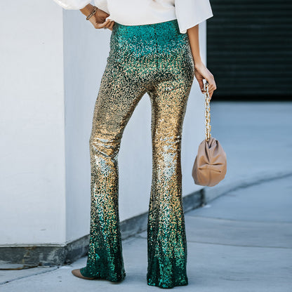 Gradient Color Wide Leg European And American High Waist Slim-fit Sequined Flared Pants
