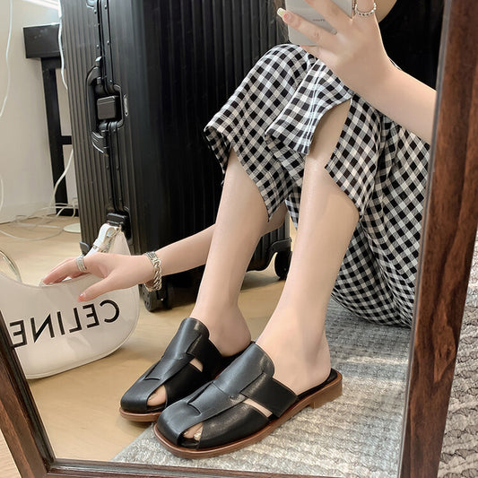 Ins Style Roman Woven Full Leather Closed Toe Sandals