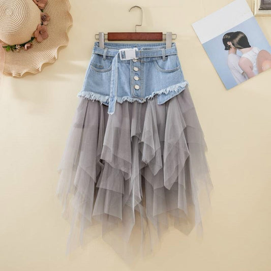 Fashion mesh stitching high waist washed denim skirt