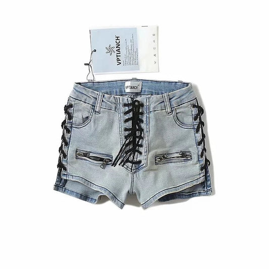 Heavy Industry Lace-Up Denim Shorts Women European And American Trend Women's Pants