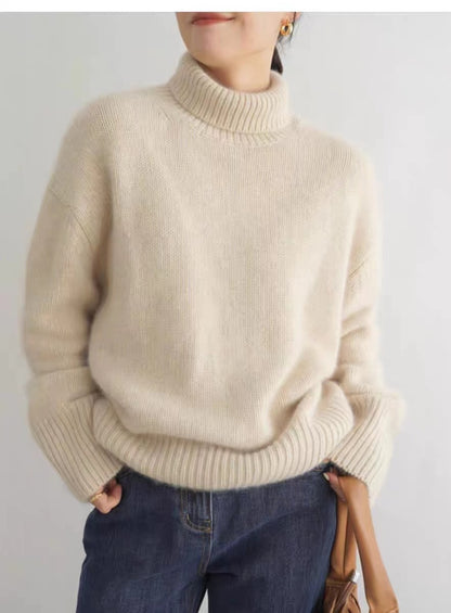 Women's Minimalist Turtleneck Wool Thick Loose Idle Style Knitted Bottoming Sweater