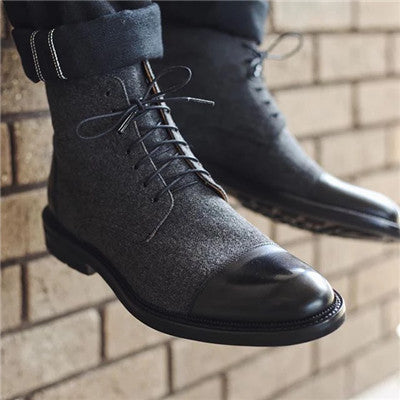 Flat Bottom Wedge Pointed Toe Combined Fabric Thin Belt Men's Short Boots