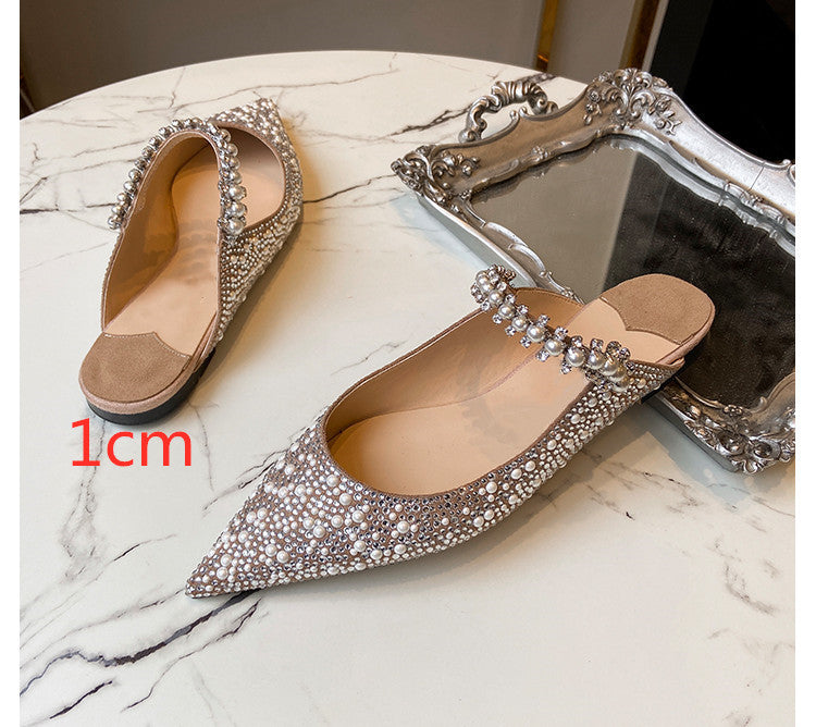 Pointed Shallow Mouth Rhinestones Pearl Flat High Heels Single Shoes Women