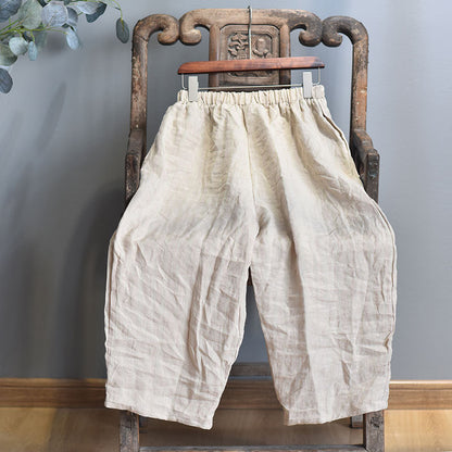 Cropped Artistic Casual Elastic Waist Loose Plus Size Linen Women's Pants