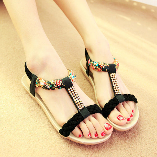 Women's Summer Bohemian Sandals Rhinestone Flat-heeled Flat Peep Toe Shoes