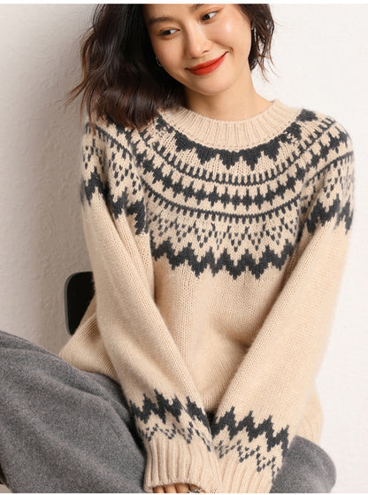 Women's Loose And Lazy Style Pullover Two-tone Jacquard Round Neck Sweater