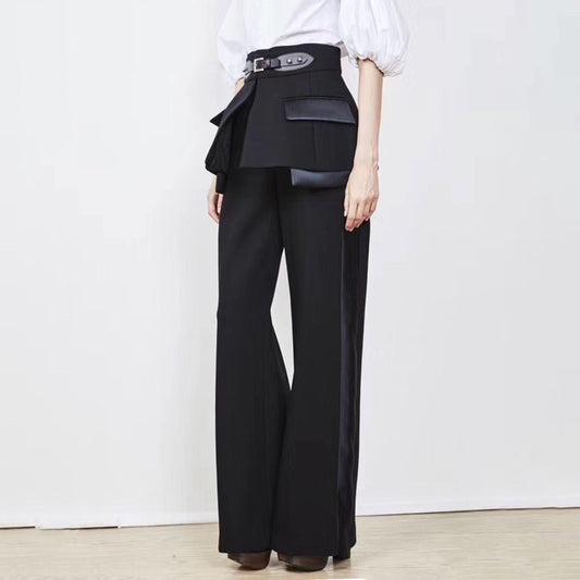 Straight-leg trousers with belt drape and girdle