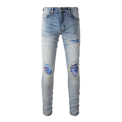 Washed Bright White Distressed Cat Beard Patch Ripped Stretch Slim Jeans