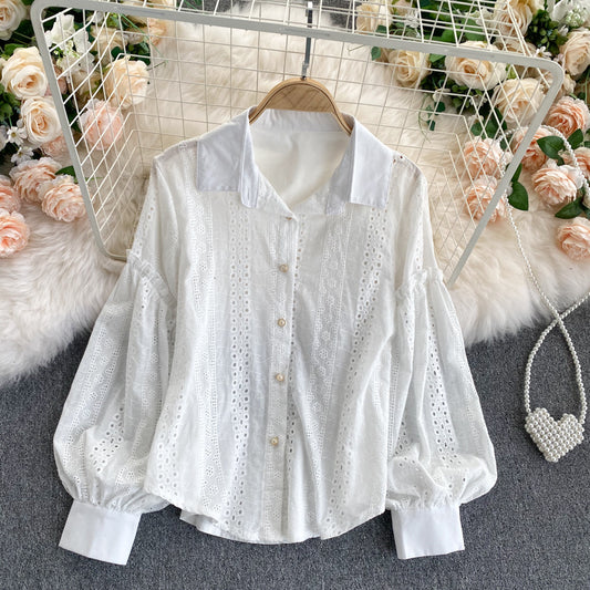 Embroidered Bubble Sleeve Shirt With Cut-out Ear - Ear Edge