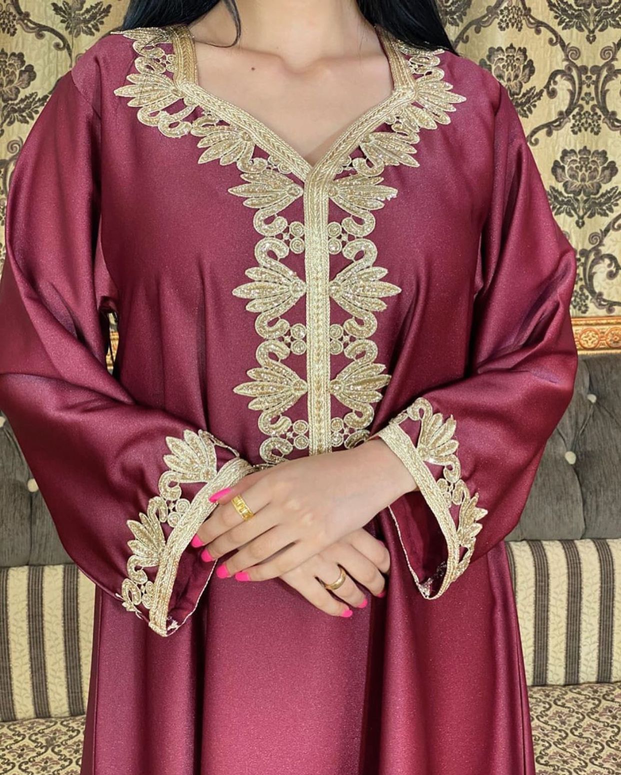 Middle East Dubai Embroidery  Bronzing Lace Jalabiya Dress
