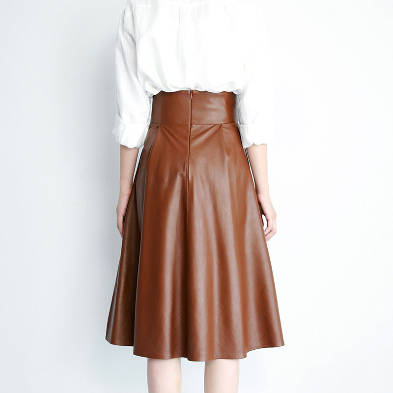 Sheep Skin High Waist Slim Mid-length Skirt Over The Knee