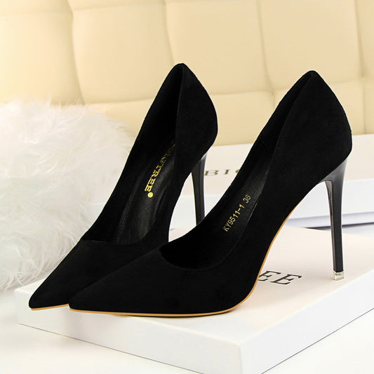 Sweet And Elegant High-heeled Suede Shallow Pointy Shoes