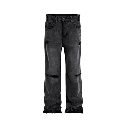 Men's Fashion Casual Retro Knife Cut Destroyed Washed Distressed Straight Textured Jeans