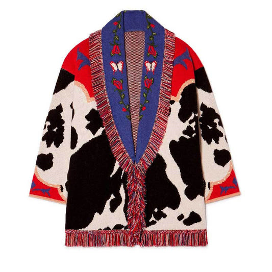 Cardigan red cow butterfly heavy embroidery tassel coat
